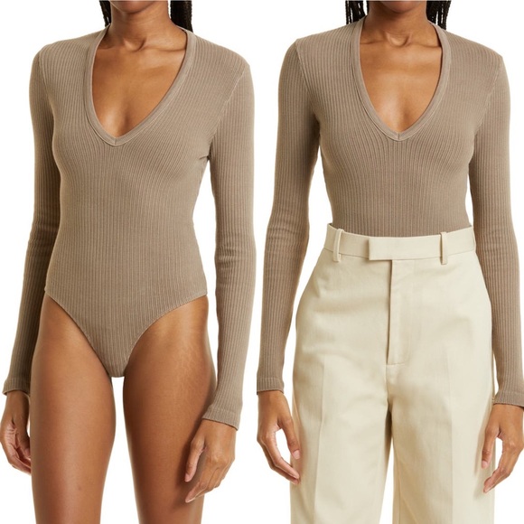 NEW Agolde "Tavi" Ribbed Stretch-Knit Long-Sleeved Thong Bodysuit Minimalist M - Picture 1 of 7